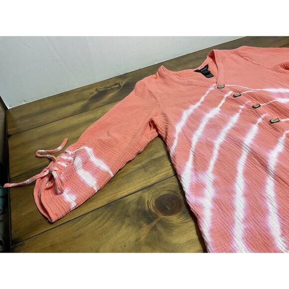 Ali Miles Shrimp Peach/White TIE DYE STRIPE Tunic Blouse Top 100% COTTON 1X - Picture 4 of 10